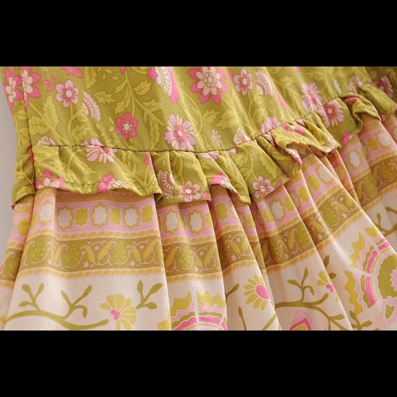 Boho gypsy Yellow Floral Print Ruffle Maxi Skirt - Picture 5 of 5